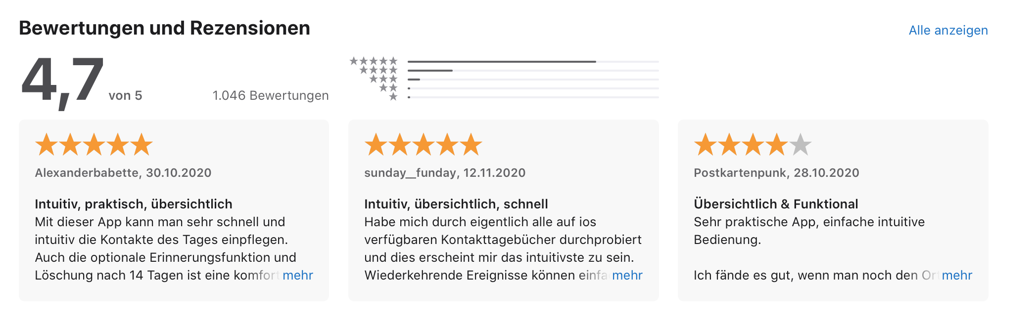 Bewertungen der Kontakt-Tagebuch App im App Store